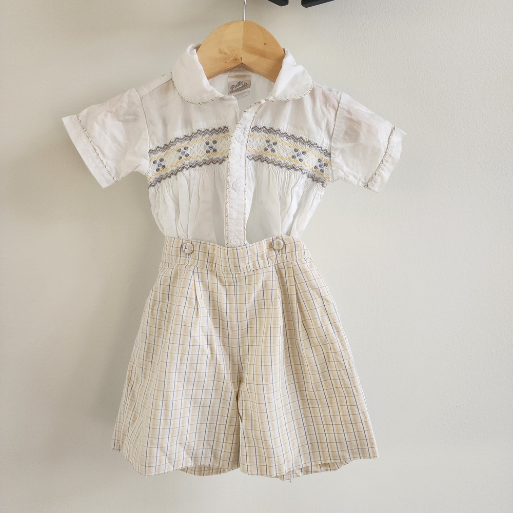 Grey & Yellow 2 Peice Smocked Baby Romper | 6M | Pretty Originals